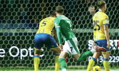 Stockport County’s Jack Diamond wheels away after netting the winner