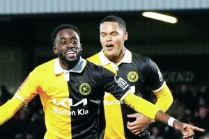 Burton Albion’s Fabio Tavares celebrates scoring the third