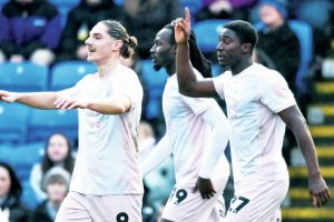 Plymouth Argyle celebrate Bim Pepple’s winner