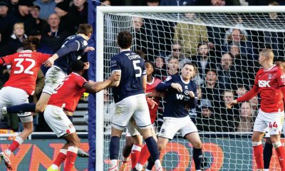 Caleb Taylor heads home Millwall’s second goal against Charlton Athletic