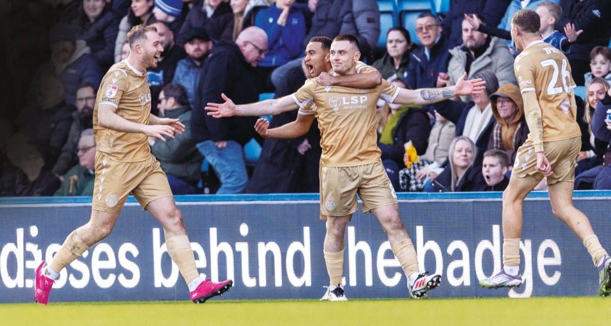 Bromley’s Ben Thompson celebrates his hat-trick goal against his old club