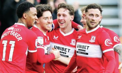 Middlesbrough’s Hayden Hackney, second left, takes the congratulations