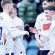 Preston North End’s Alfie Devine, right, celebrates with team-mates after scoring their goal