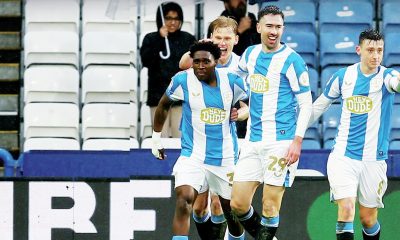 Ryan Hardie celebrates his Huddersfield Town winner with team-mates