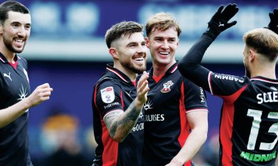 Southampton’s Ryan Manning, second left, celebrates scoring their second with his teammates