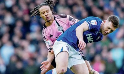 Leicester City’s Bobby Decordova-Reid, left, and Ipswich Town’s Dara O’Shea do battle