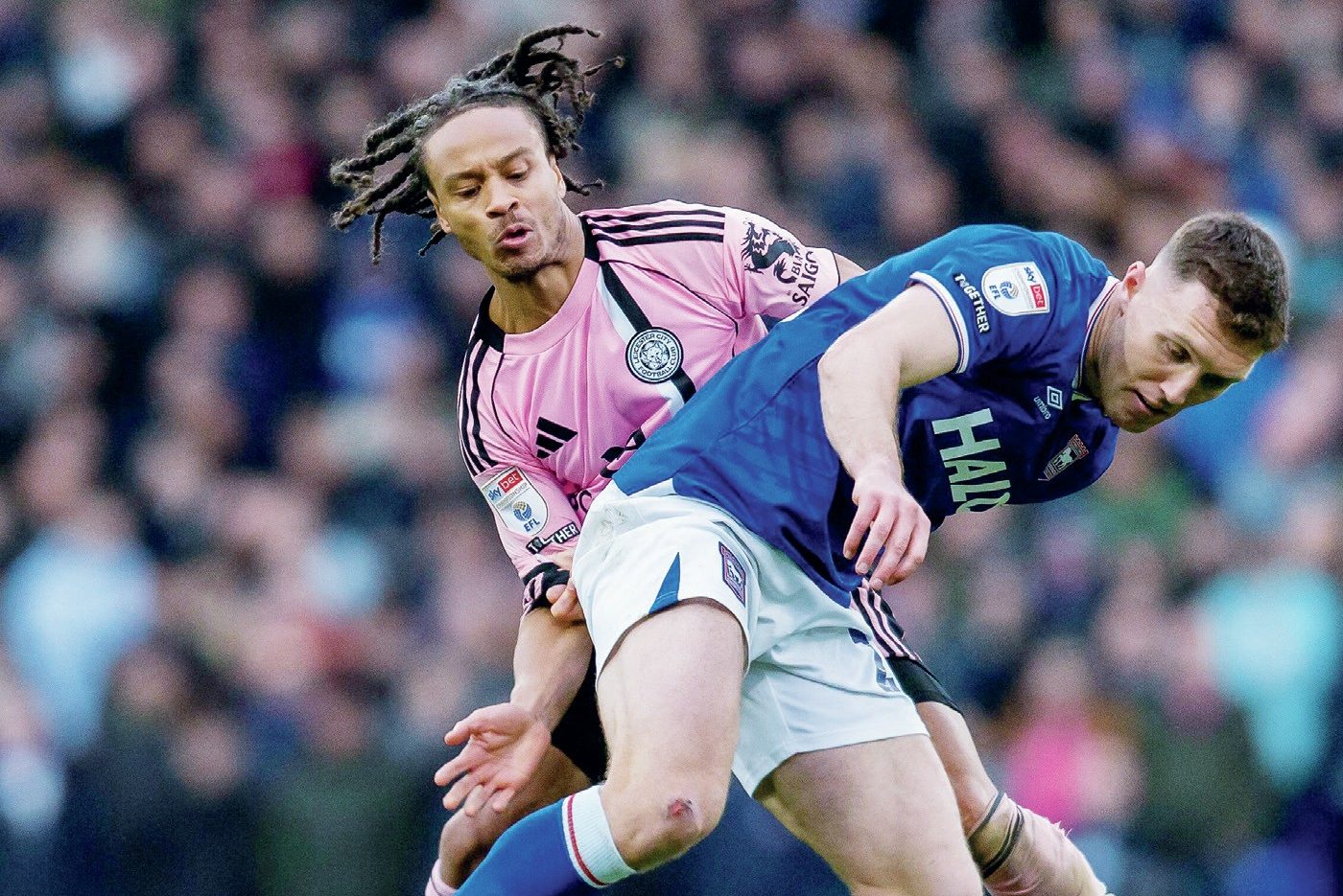 Leicester City’s Bobby Decordova-Reid, left, and Ipswich Town’s Dara O’Shea do battle
