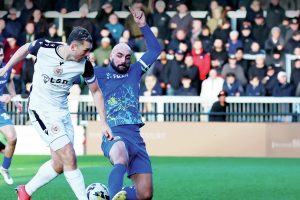 Bromley’s Michael Cheek, left, in action against Accrington Stanley last weekend