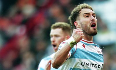 Wrexham’s Sam Smith celebrates his winner