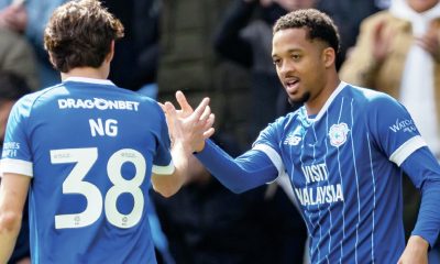 Cardiff City’s Chris Willock, right, celebrates his goal with Perry Ng