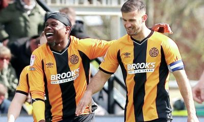 Cambridge United skipper Dominic Ball celebrates making it 1-0 with Pelly Mpanzu