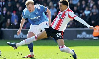 Southampton’s Sam Edozie, right, challenges for the ball in last week’s 2-1 win against Derby County