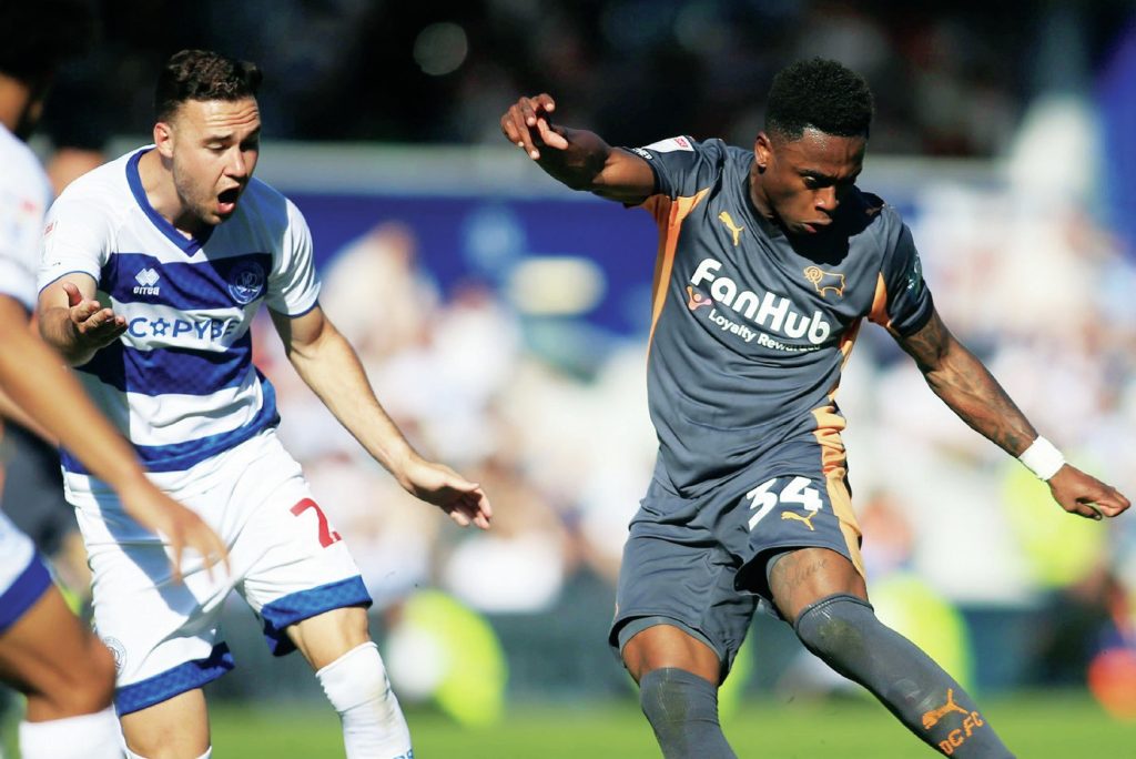 Derby County&rsquo;s goal scorer Jaydon Banel takes a shot at goal