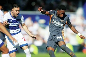 Derby County’s goal scorer Jaydon Banel takes a shot at goal