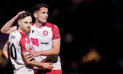 Goalscorer Dan Kemp, left, and Jordan Houghton celebrate beating Barnsley in midweek